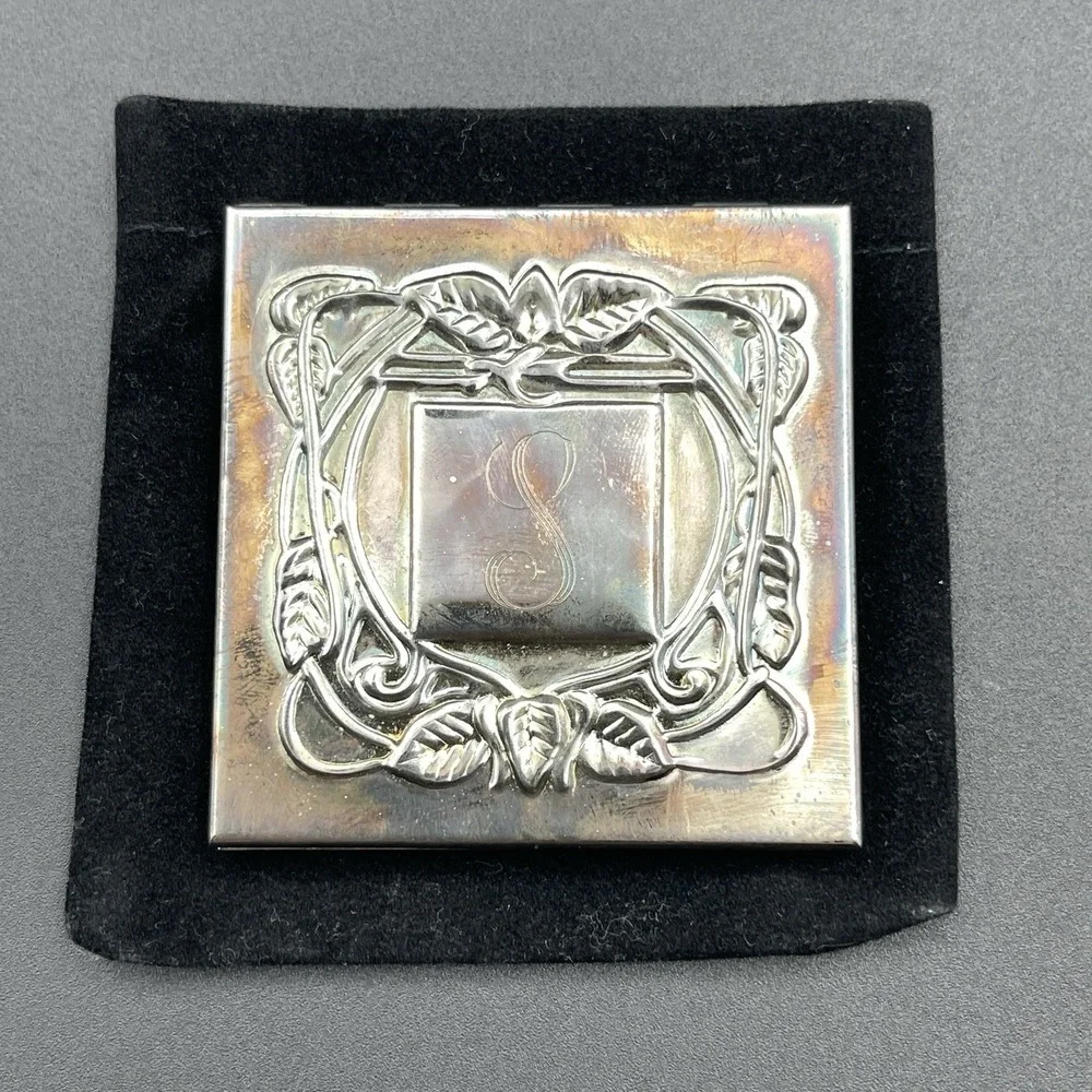 Vintage Art Nouveau Style Silver Tone Compact Mirror Monogram S
